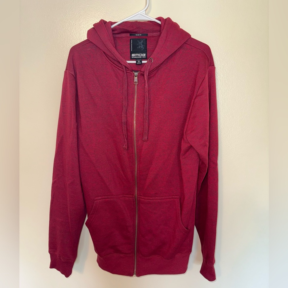 Etnies Red Zip Up Sweater with Hood and Ribbed Cuffs